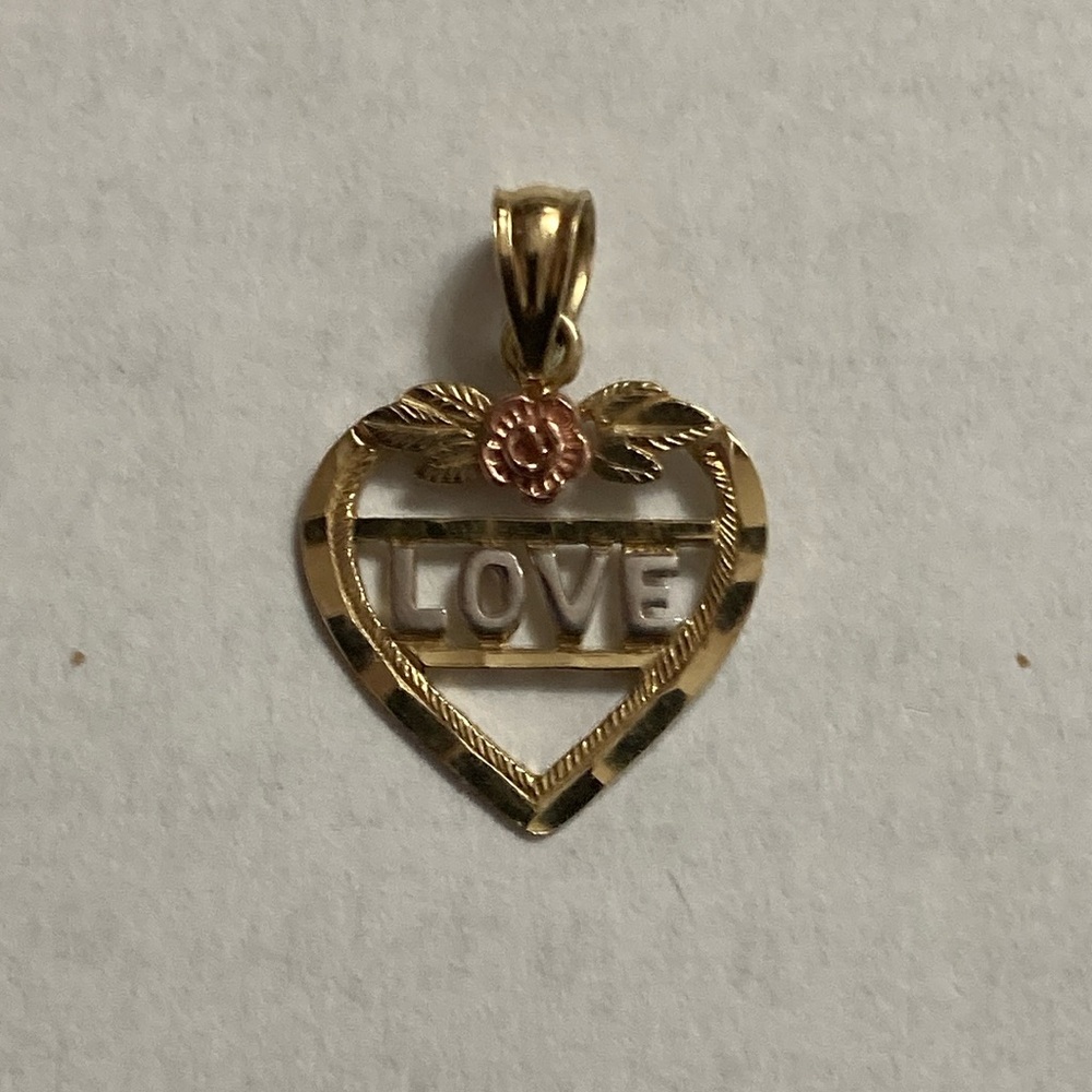 10K Yellow, Rose, and White Gold “Love” Heart and Rose Pendant